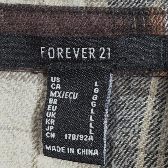Forever 21 Mixed Plaid Button Up Crop Shirt Sz L Retro Flannel Black and Browns - Picture 8 of 9